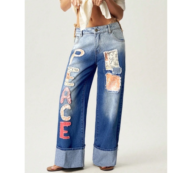Boho Medium Wash Peace Floral Print Patch Denim Straight Leg Jeans - Picture 1 of 5